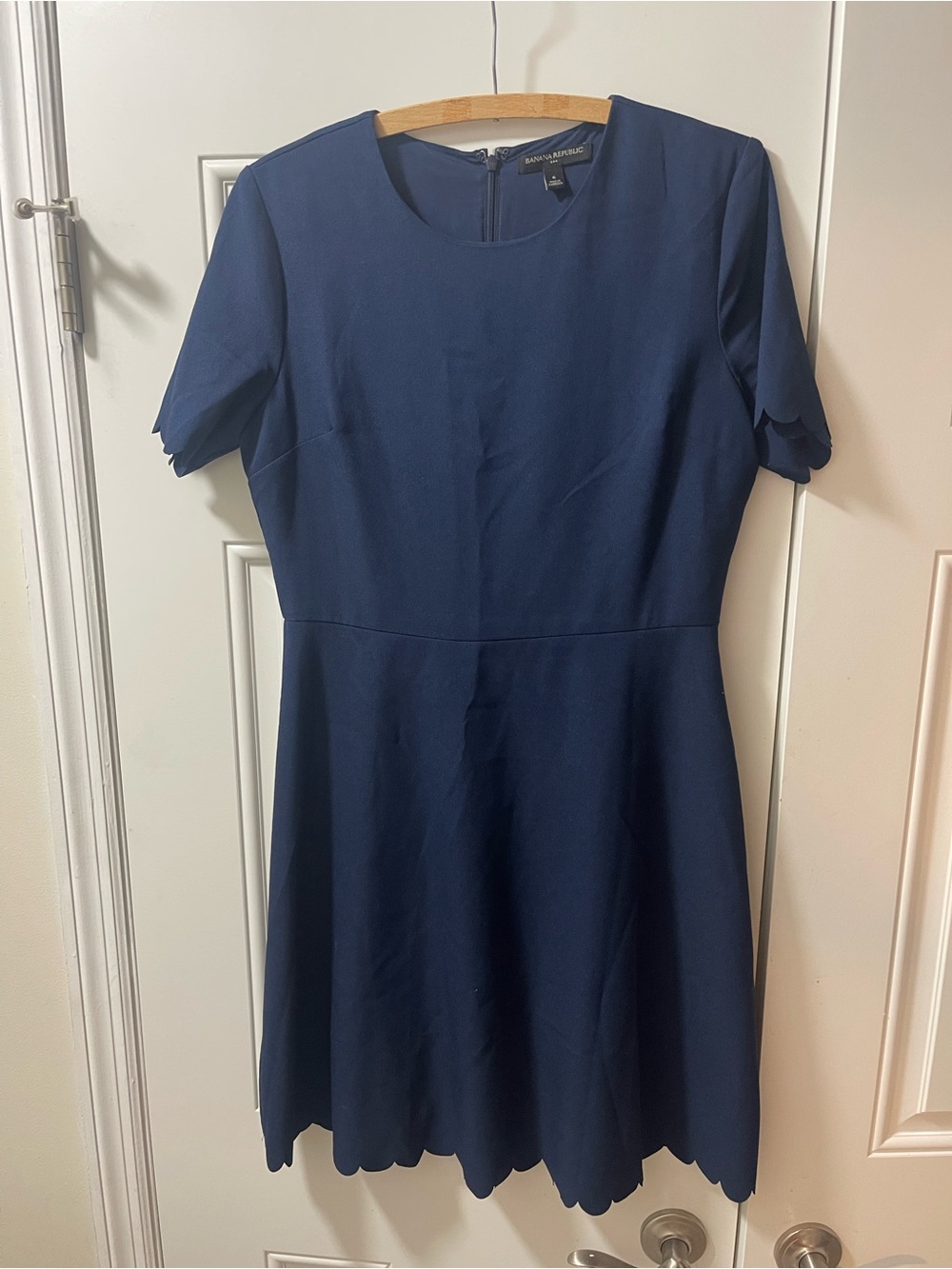 Banana Republic Navy Scalloped Short Sleeve Fit-and-Flare Dress